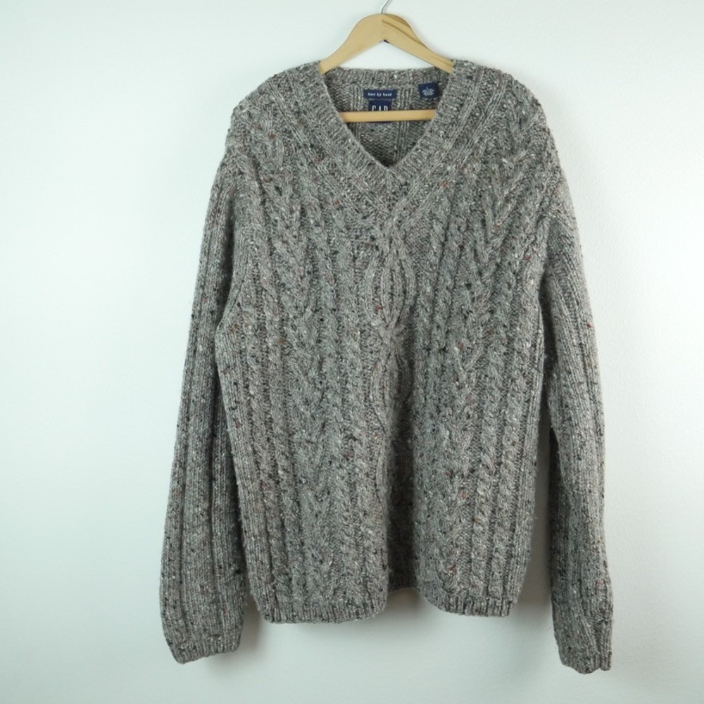Vintage GAP Hand Knit Wool Sweater Mens Large Gray Cable Knit Chunky L Fisherman